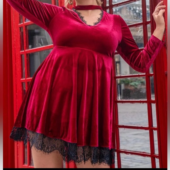 NWT|XL-1X| TCB| LOVE FROM LONDON RED VELVET & BLACK LACE SWING DRESS| NEW - Picture 6 of 11